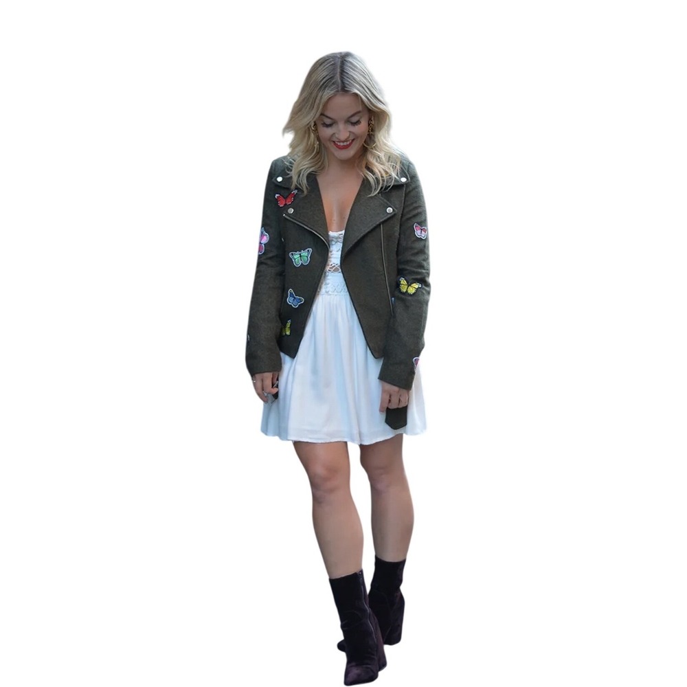 Signature Eight Butterfly Embroidered Moto Jacket Olive Green Wool Biker Small - Picture 4 of 13